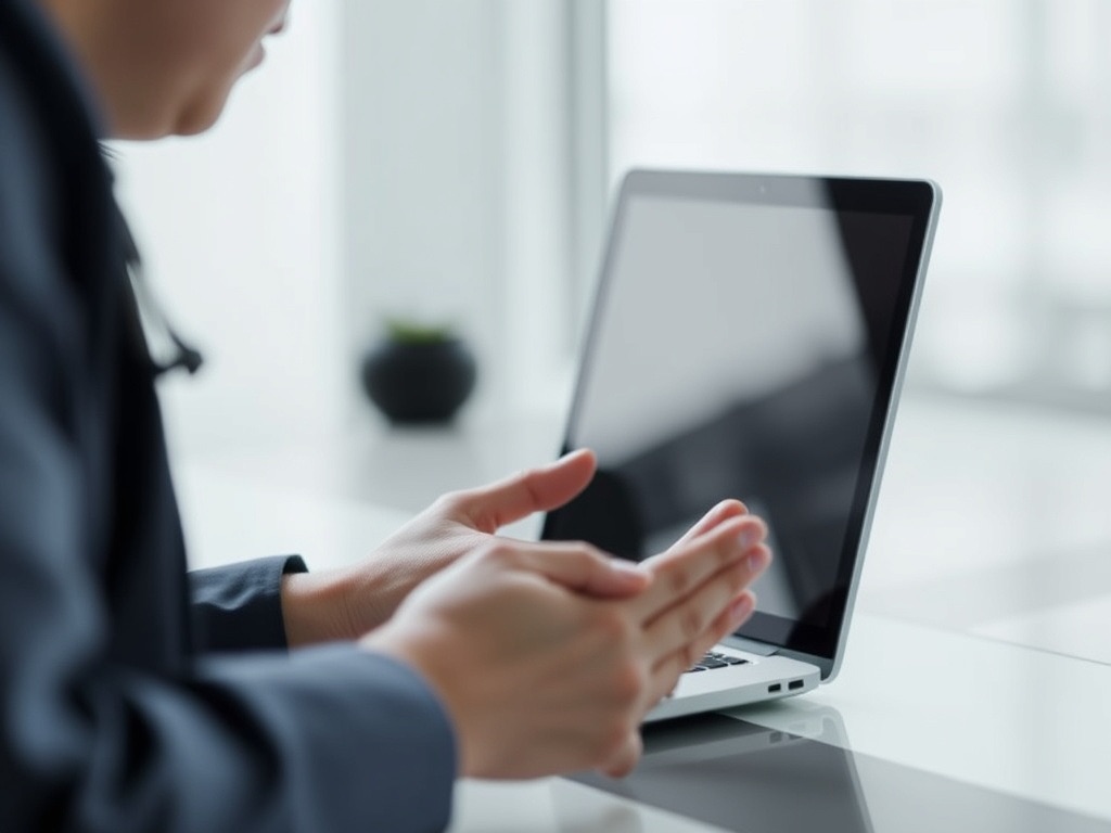 Billing specialist working at a laptop in a clean, bright office