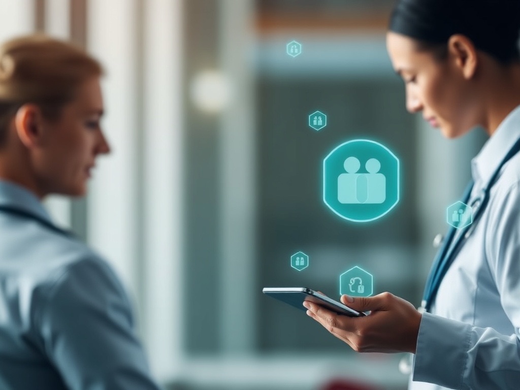 Clinician reviewing patient data on a tablet with connected patient-record icons