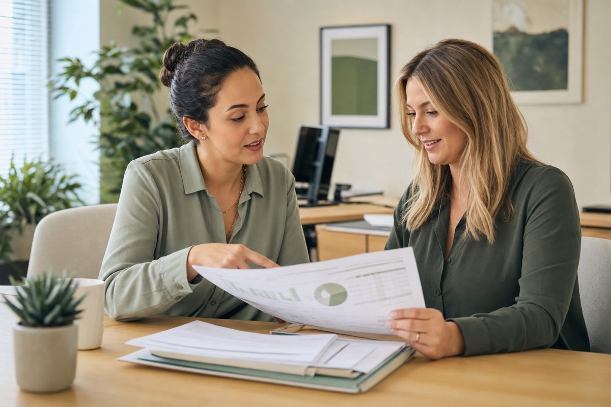 Two billing team members reviewing a printed revenue report together at a table