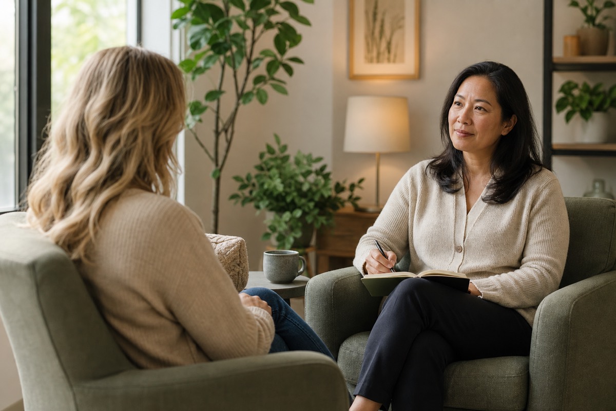 Calm behavioral health therapy office with two people in a supportive conversation