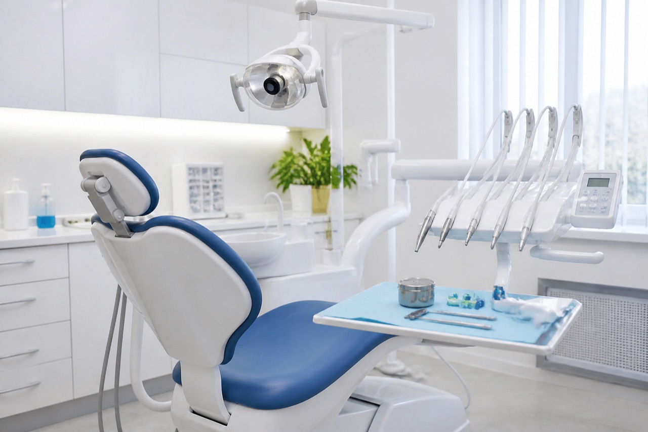 Modern dental treatment room with chair, overhead light, and instrument tray ready for care