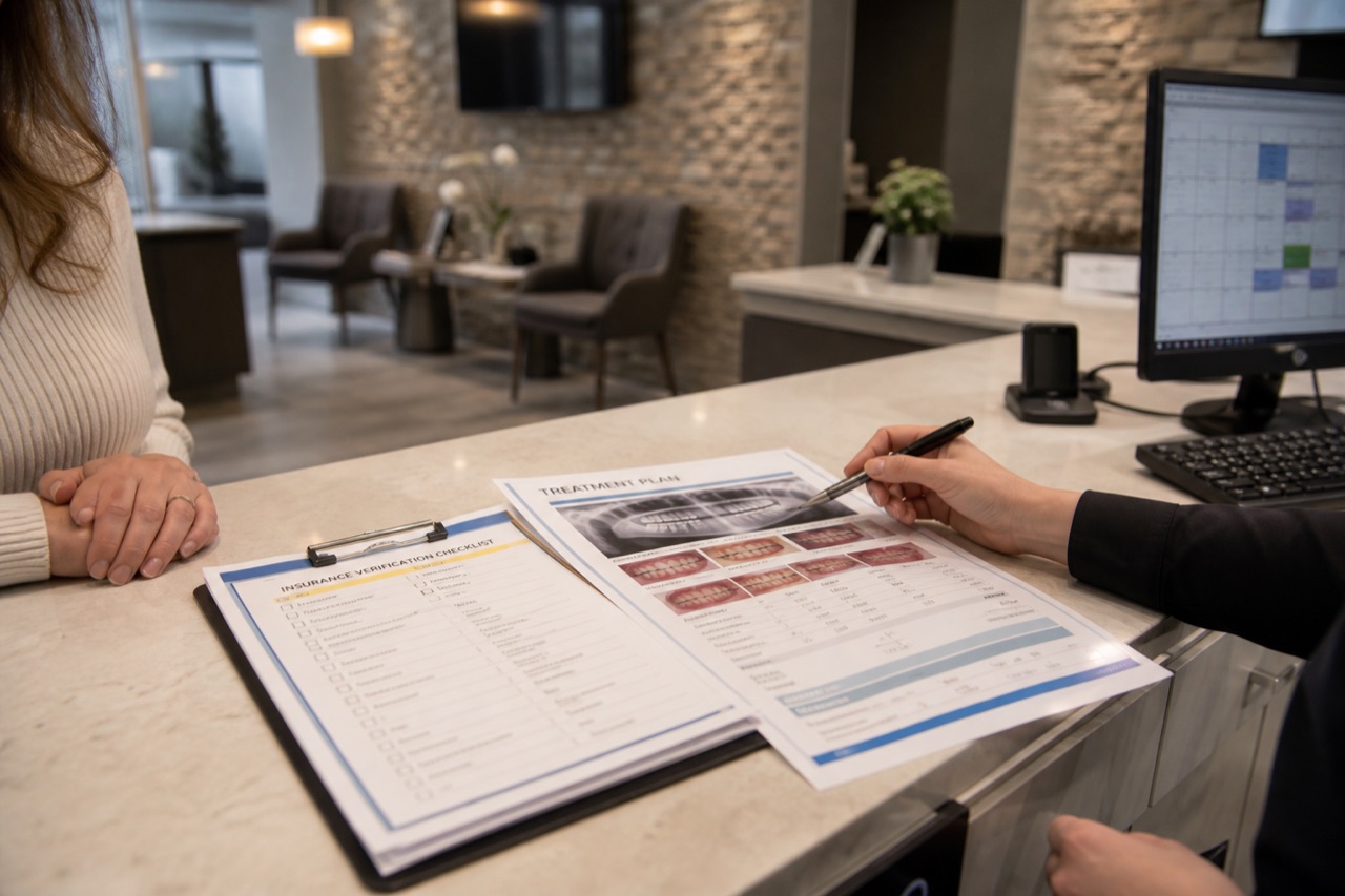 Dental front-desk benefits desk with treatment plan printouts and insurance verification checklist