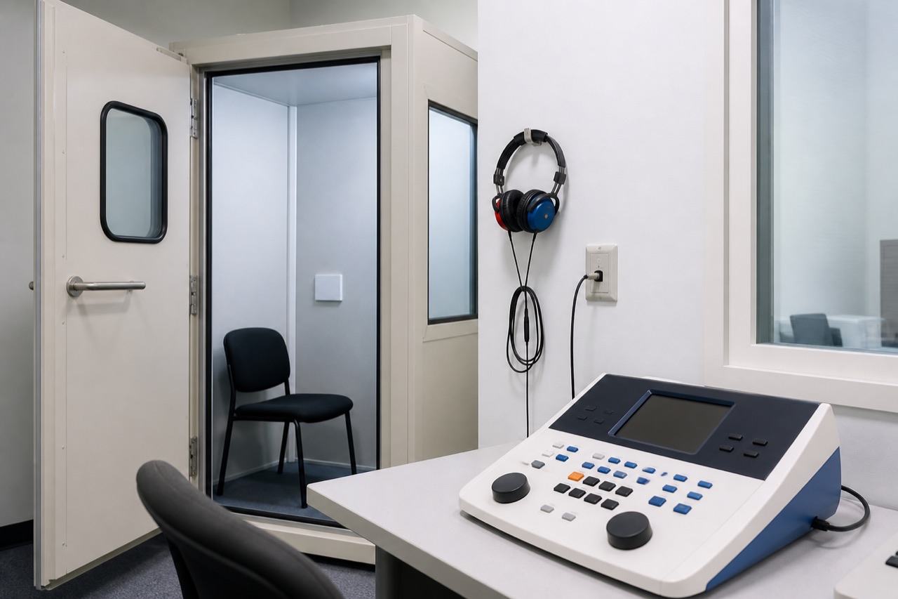 Audiology booth with headphones and audiometer controls in a quiet testing room