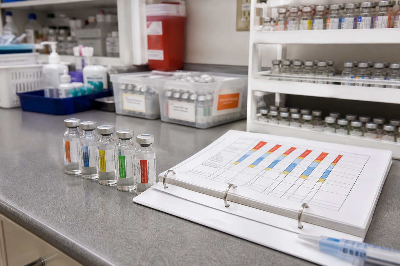 Allergy immunotherapy preparation counter with labeled vials and schedule binder