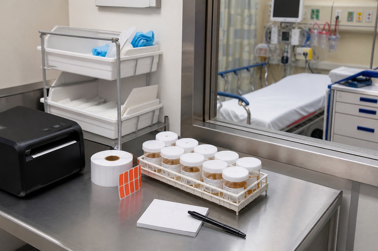 Pathology specimen labeling station adjacent to an endoscopy recovery area