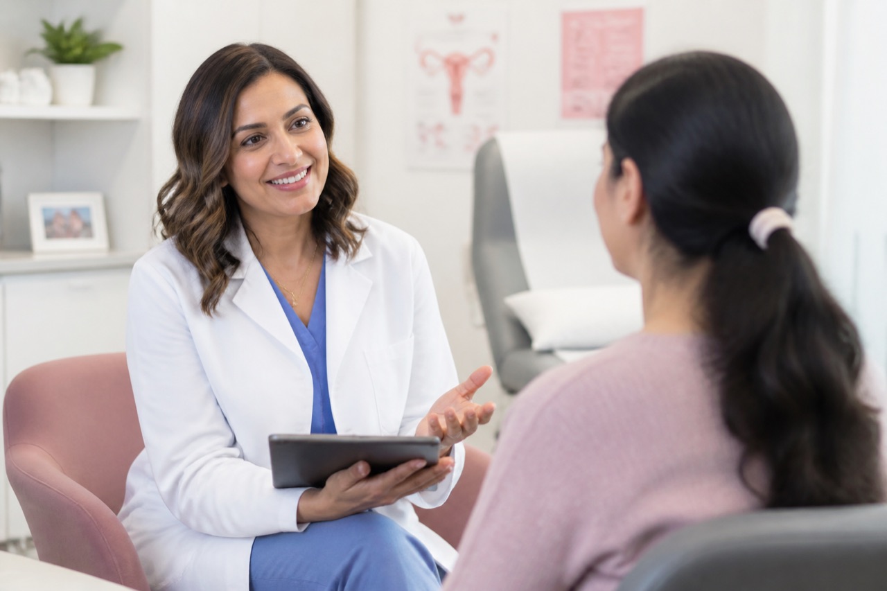 Bright women’s health clinic consultation room with soft seating and educational posters