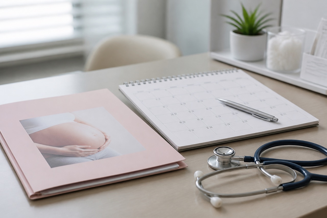 Calm prenatal care desk with calendar planner, patient education folder, and stethoscope