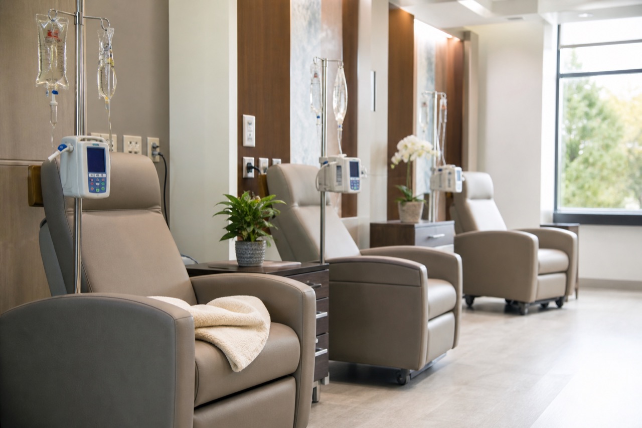 Quiet oncology infusion suite with recliner chairs and IV poles in soft natural light