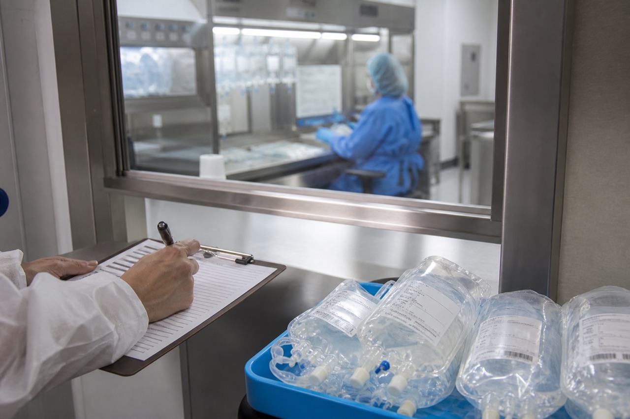 Oncology pharmacy preparation window with sealed drug bags and verification checklist