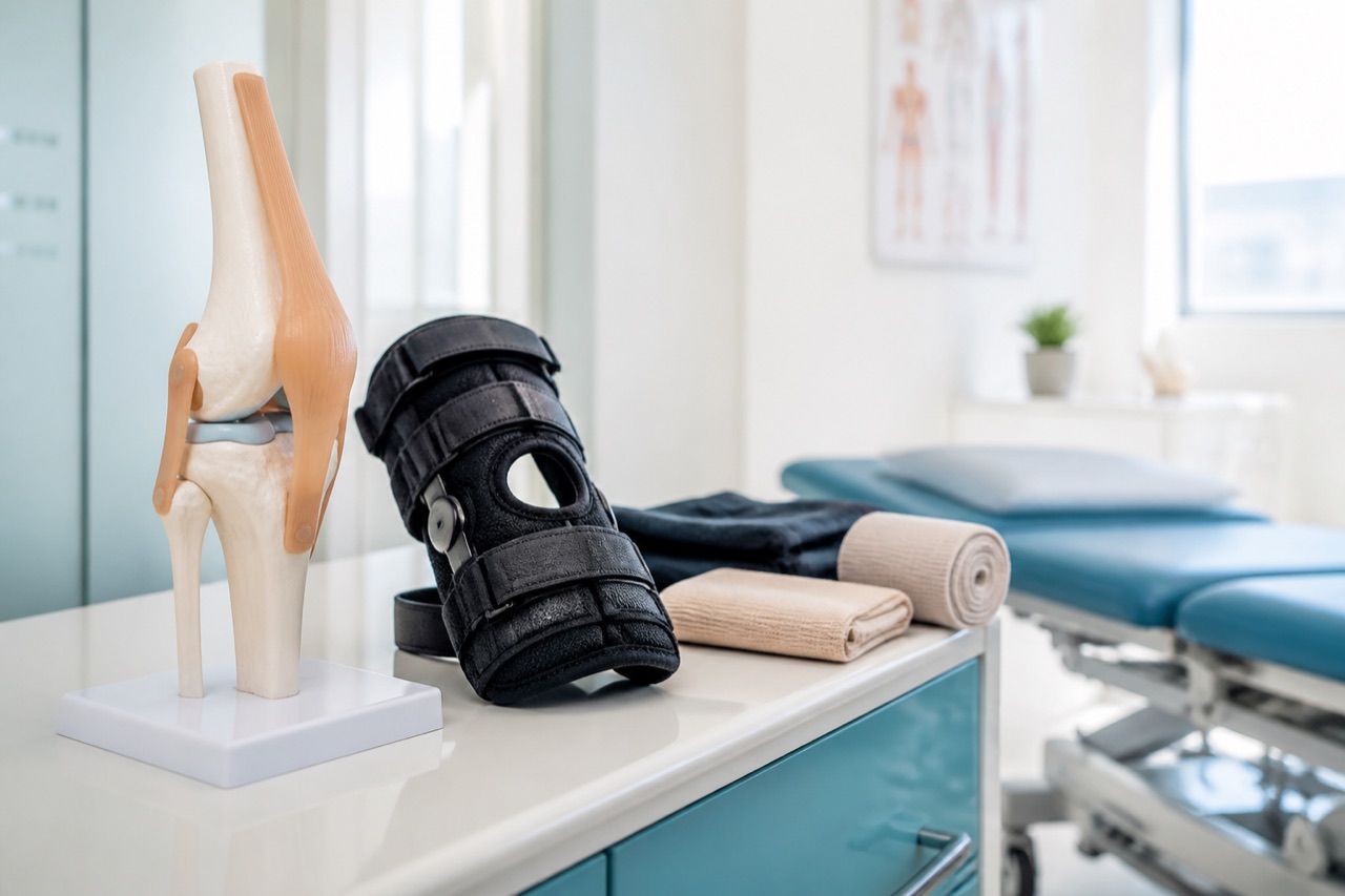 Orthopedic clinic exam room with anatomical knee model and bracing supplies on a clean counter