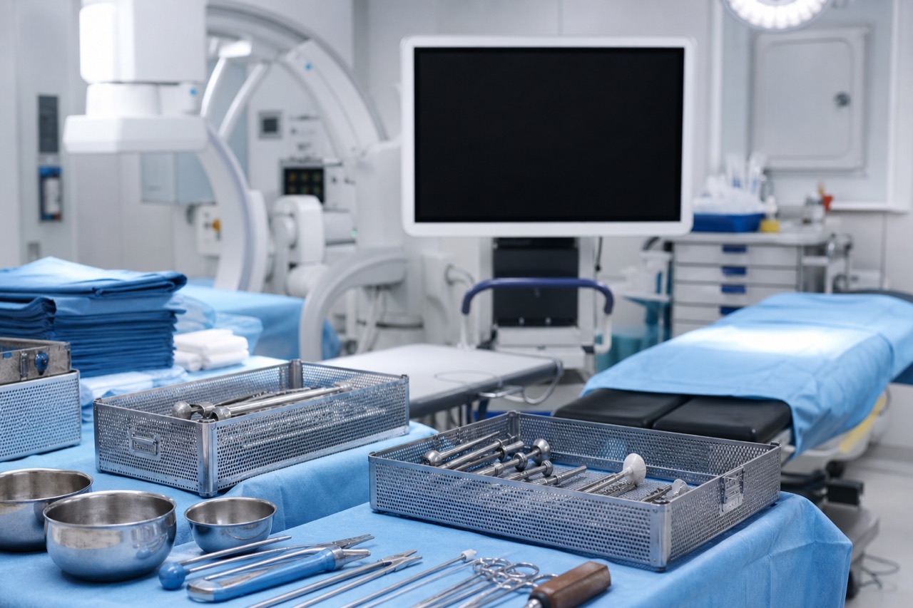 Modern orthopedic procedure preparation area with sterile trays and imaging monitor