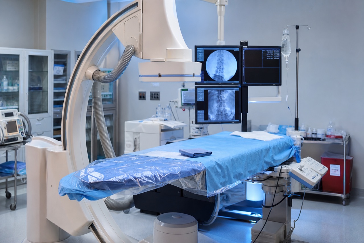 Interventional procedure suite with C-arm fluoroscopy unit and sterile prep table