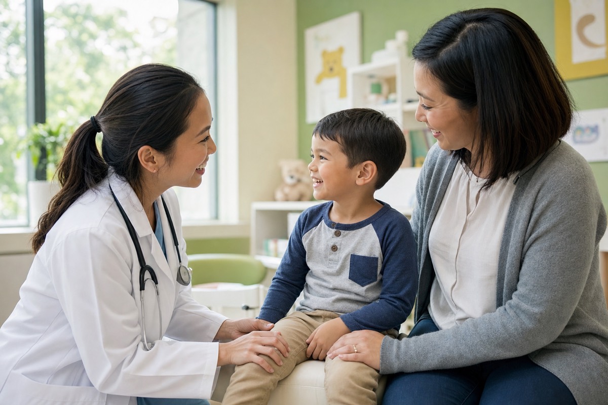 Pediatrician smiling with a young child and parent in a friendly pediatric clinic
