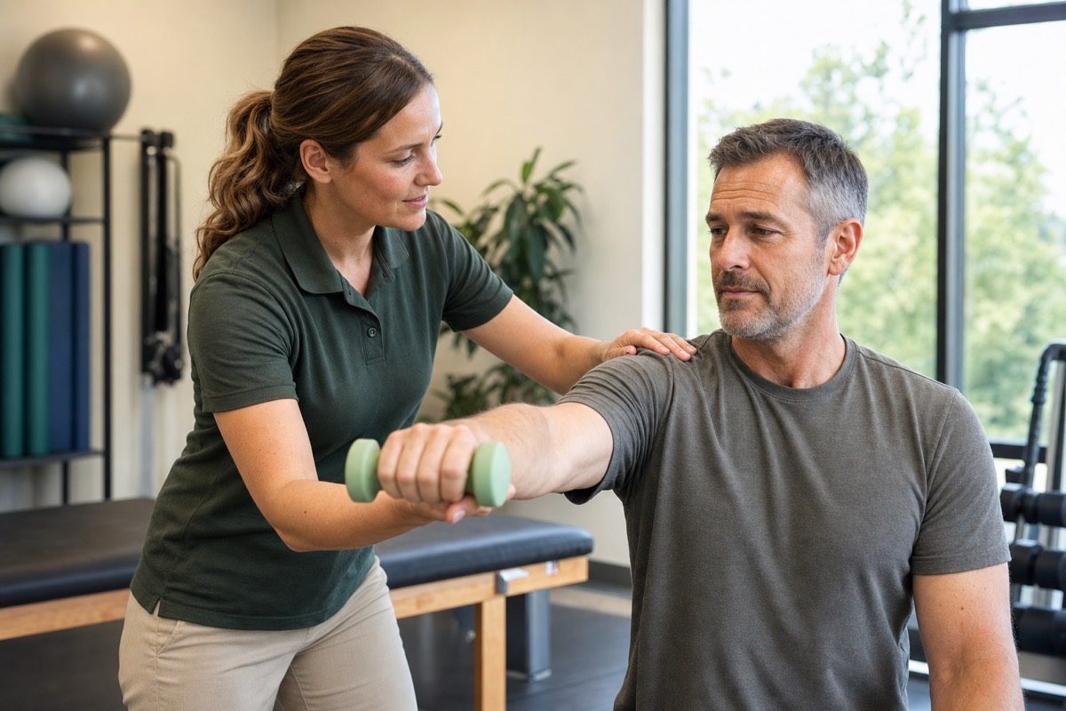 Physical therapist guiding an adult patient through a rehabilitation exercise in a bright gym