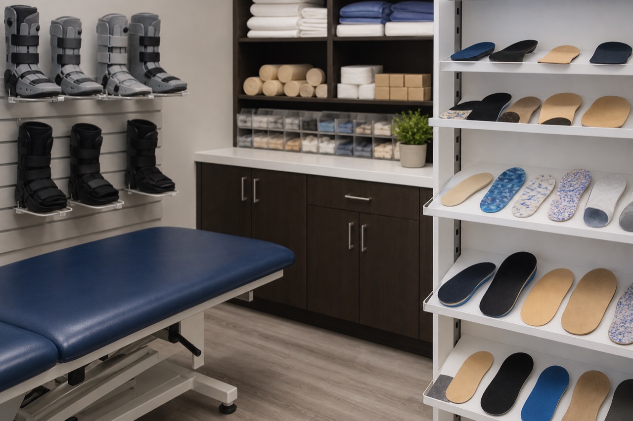 Podiatry DME fitting area with walking boots and orthotic samples on shelves