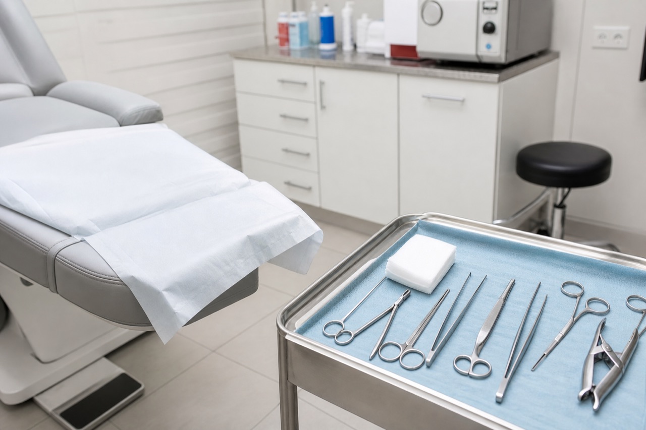 Minor procedure room prepared for podiatric soft-tissue care with sterile instruments